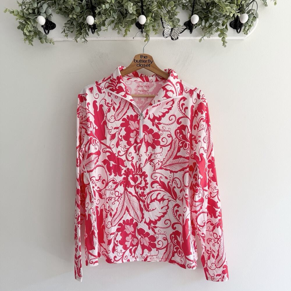 Kinona Women’s Red Floral Quarter Zip Golf Pullover Shirt 14-5758